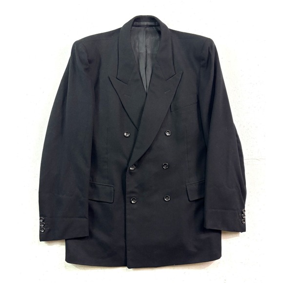 vtg Double Breasted 40R Blazer Jacket Heavy Flannel Wool Sport Suit Coat Black